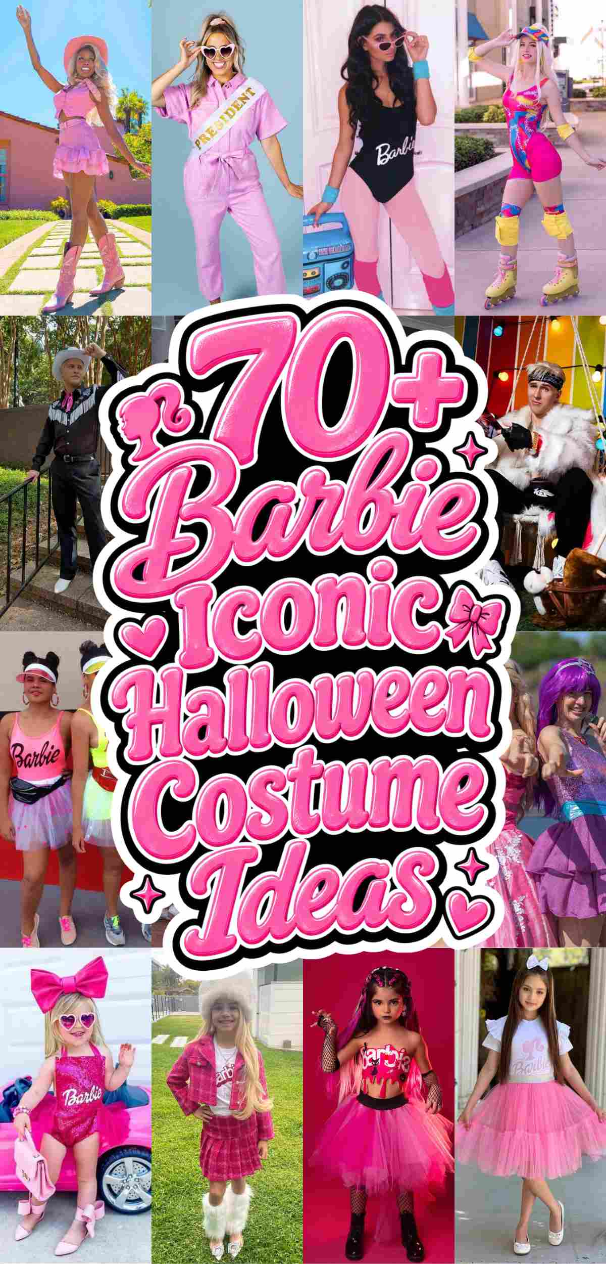 Collage of people in various Barbie-inspired costumes with a central text reading “70+ Barbie Iconic Halloween Costume Ideas.”.