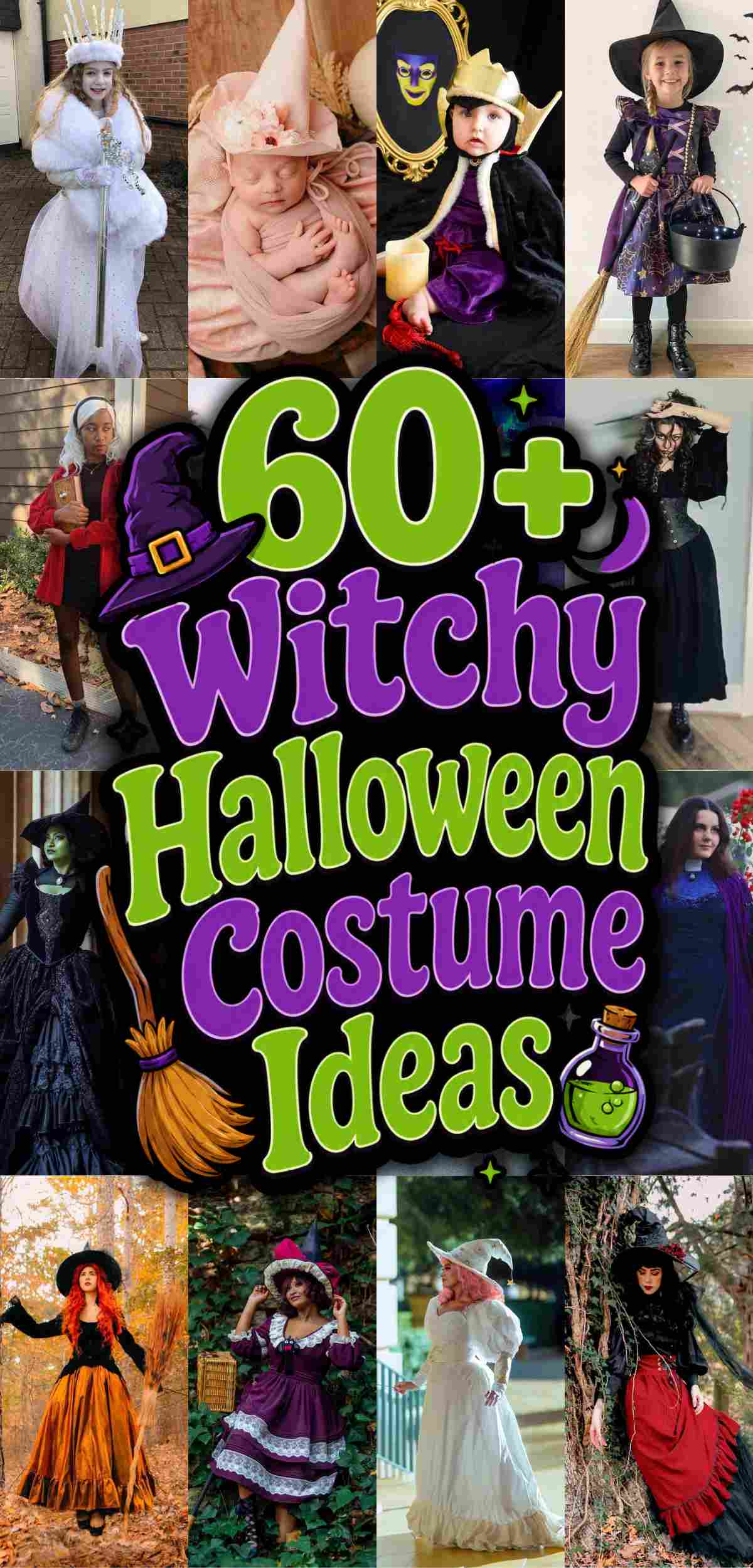 Collage of people in witch costumes with the text “60+ Witchy Halloween Costume Ideas” in purple and green, surrounded by brooms, hats, and a potion graphic.