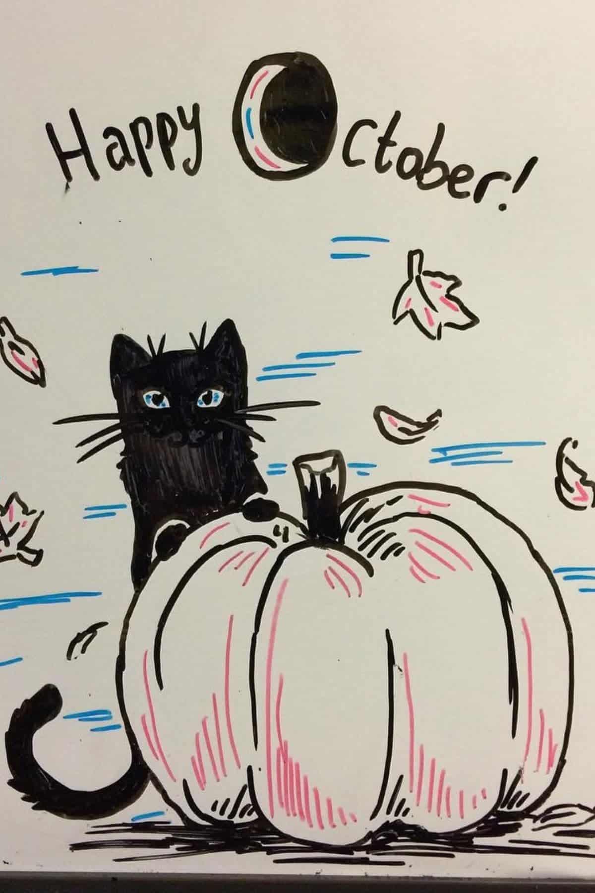A black cat sits behind a large pumpkin with falling leaves and the words “Happy October!” written above, featuring a crescent moon in the word “October.”.