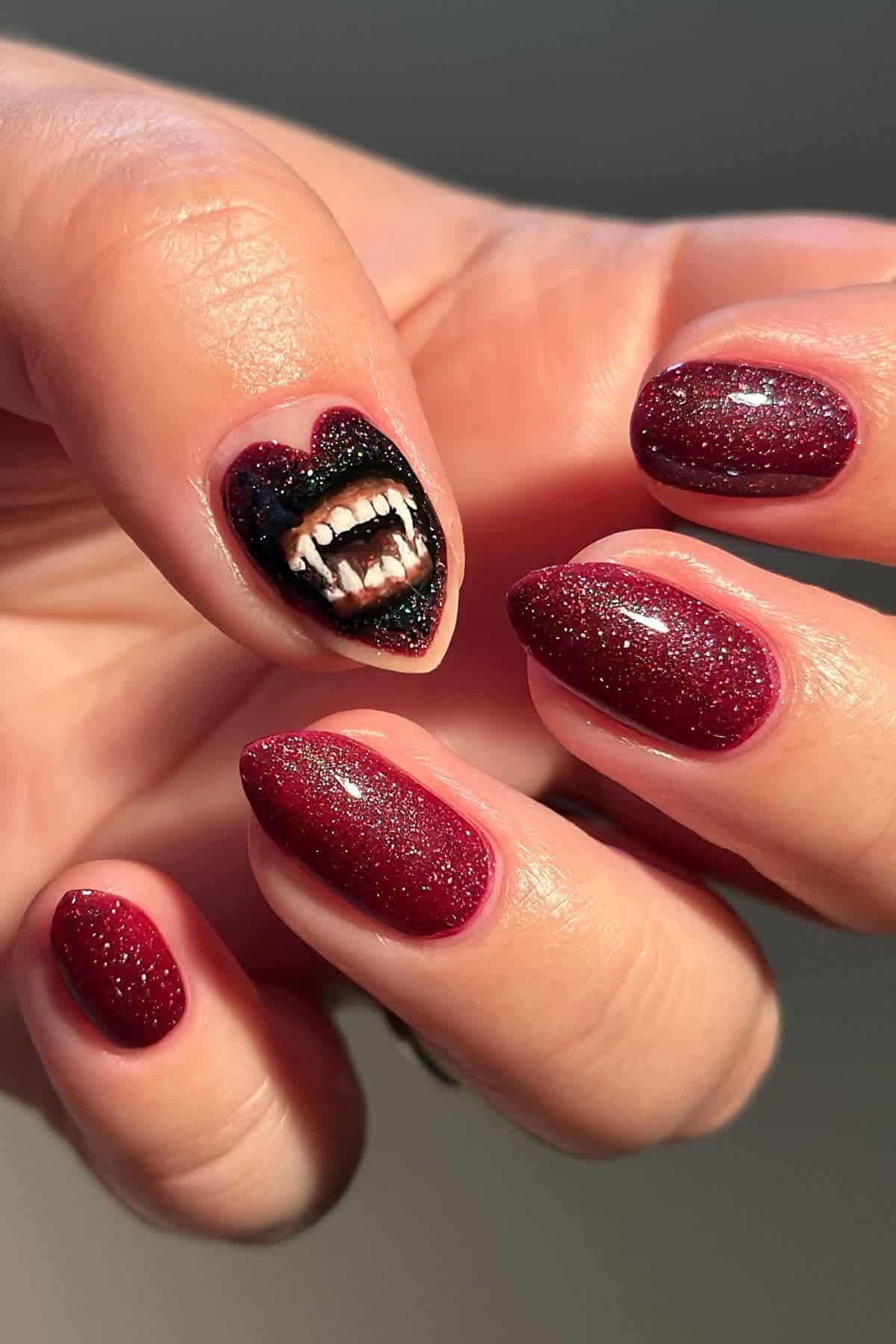 A hand with burgundy glittery nails; one nail features a heart-shaped design with an open mouth showing fangs.