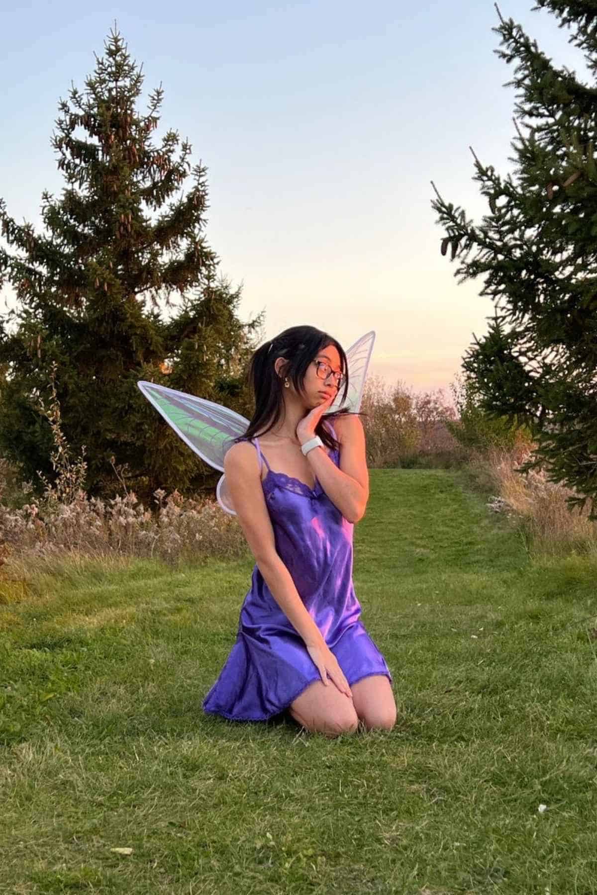 Person in a purple dress with fairy wings kneels on grass, surrounded by pine trees, under a partly cloudy sky at sunset.