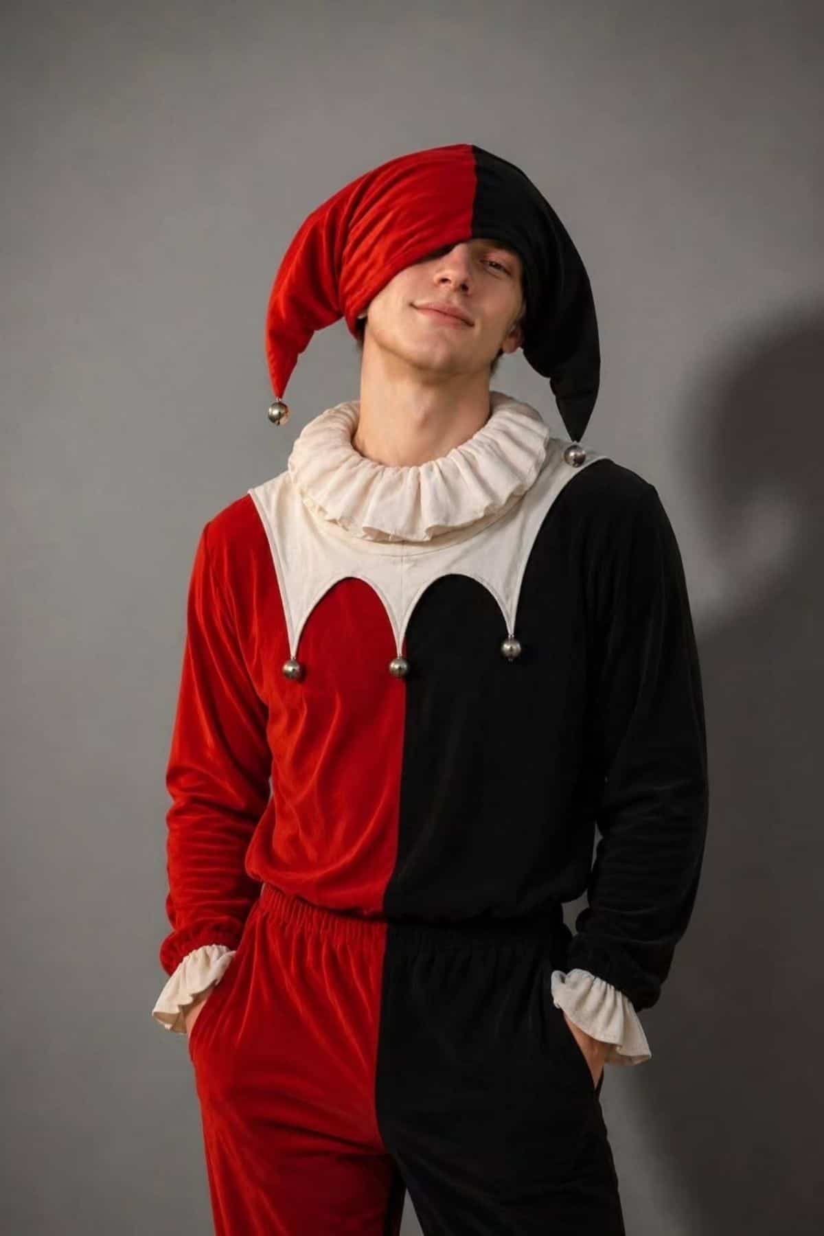 Person wearing a red and black jester costume with a matching hat, white ruffled collar, and pom-poms, standing against a plain gray background.