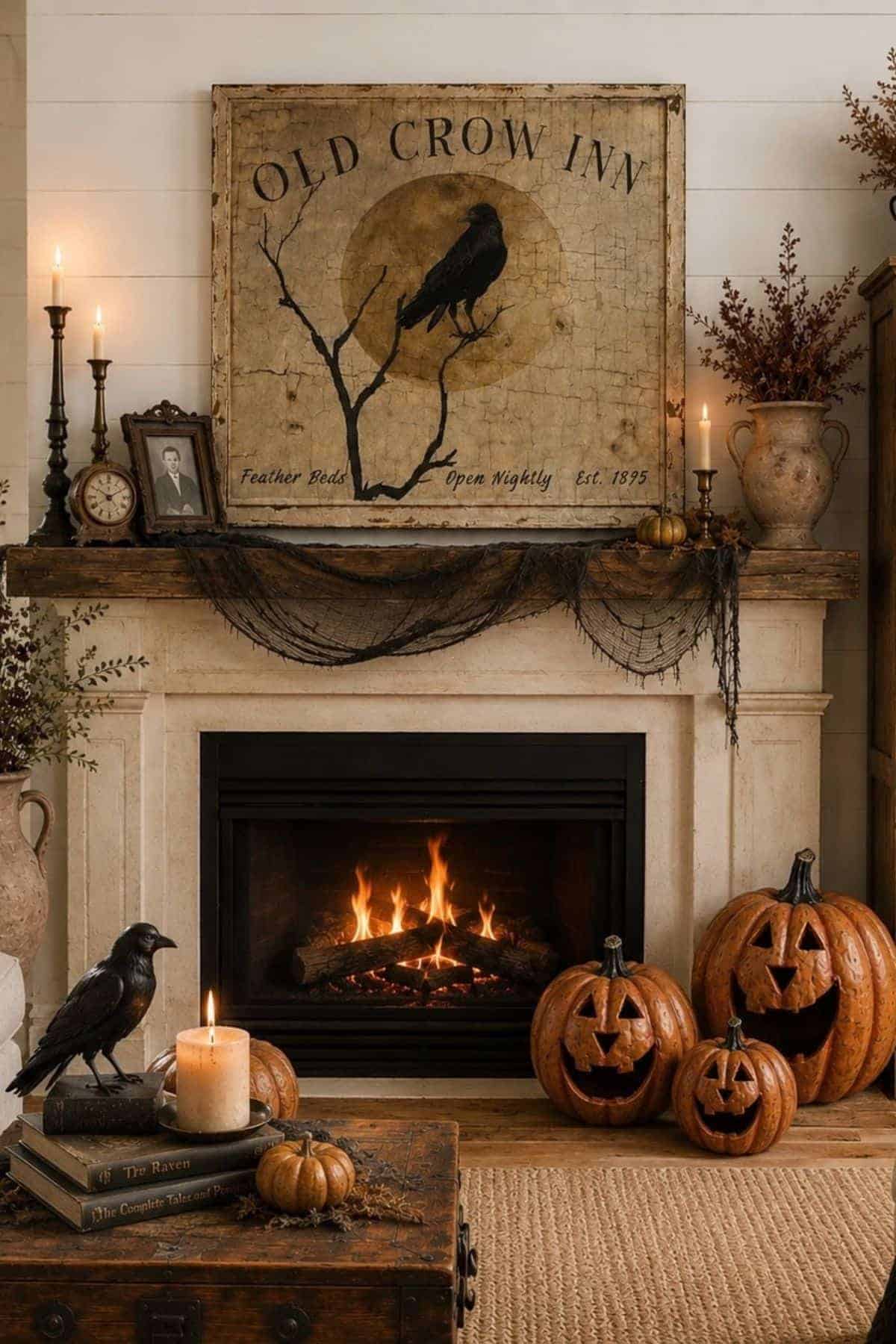 A fireplace decorated for Halloween with carved pumpkins, crow figurines, candles, and an “Old Crow Inn” sign above the mantle.