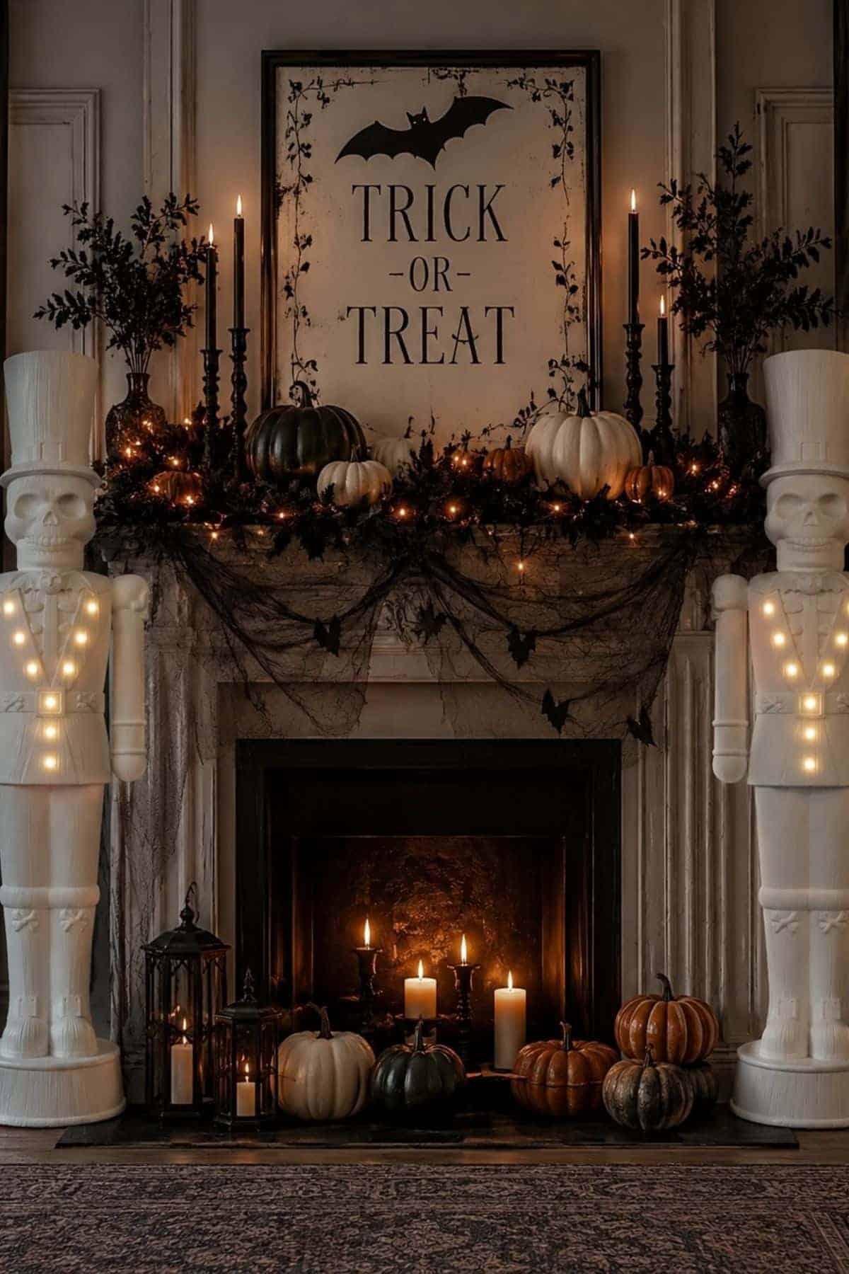 Halloween-decorated fireplace with pumpkins, candles, black garland, two white nutcrackers with lights, and a “Trick or Treat” sign featuring a bat, set in a dimly lit room.