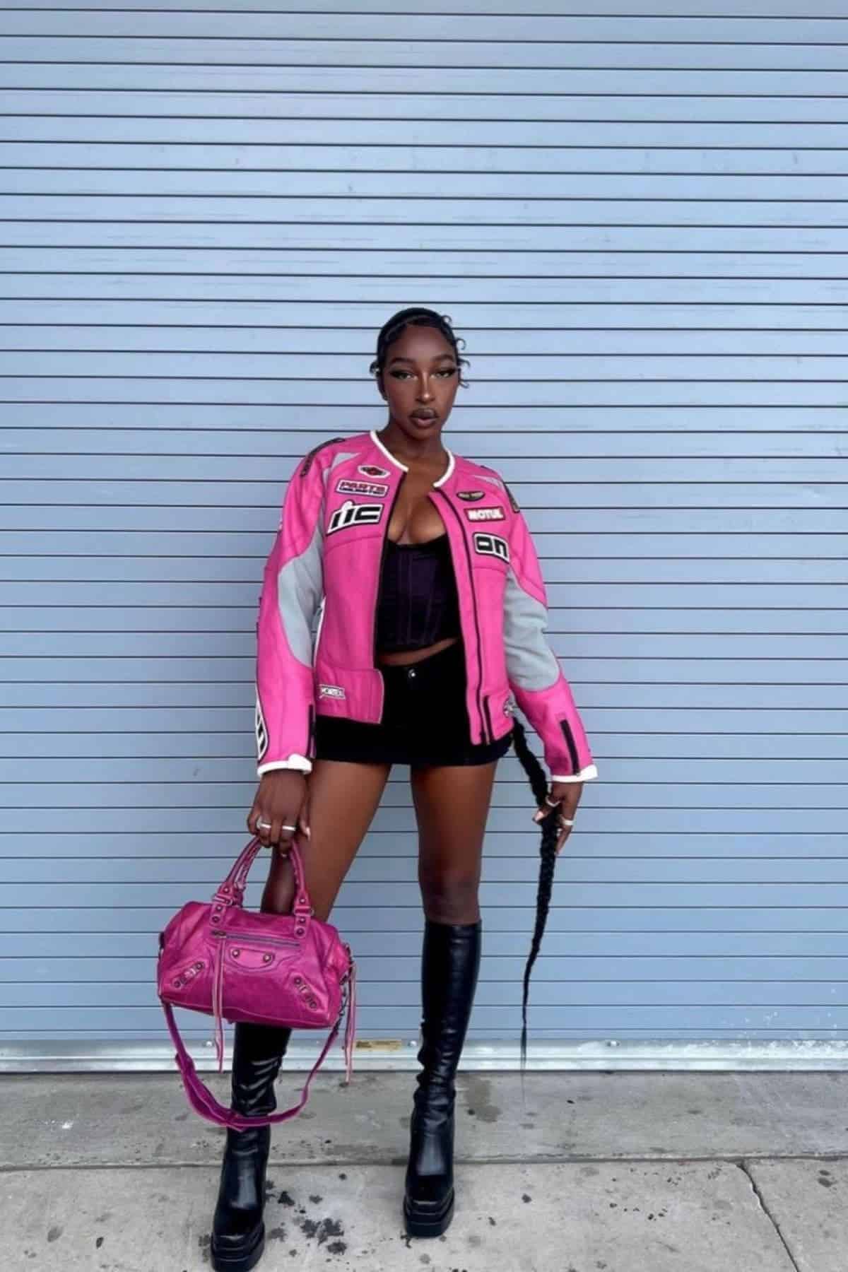 Person stands in front of a gray metal wall wearing a pink and white racing jacket, black shorts, tall black boots, and holding a pink bag and a braided whip.