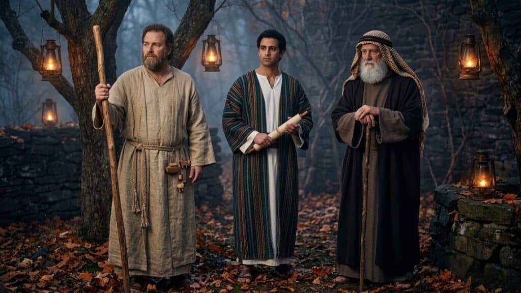 Joseph, Noah, and Abraham in ancient robes stand outdoors among lanterns and trees, one holding a staff, another holding a scroll, and the third with a long beard, against a backdrop of fallen leaves and stone walls.