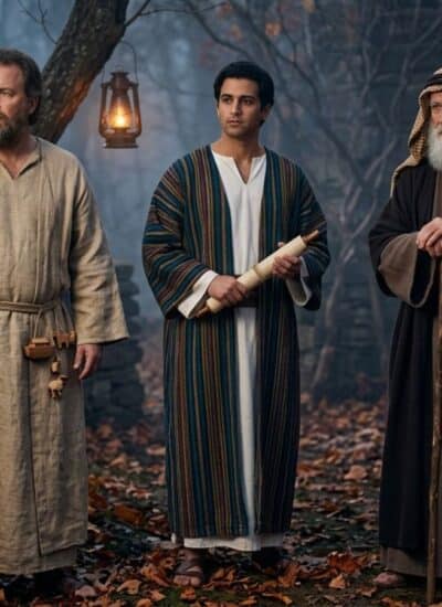 Joseph, Noah, and Abraham in ancient robes stand outdoors among lanterns and trees, one holding a staff, another holding a scroll, and the third with a long beard, against a backdrop of fallen leaves and stone walls.