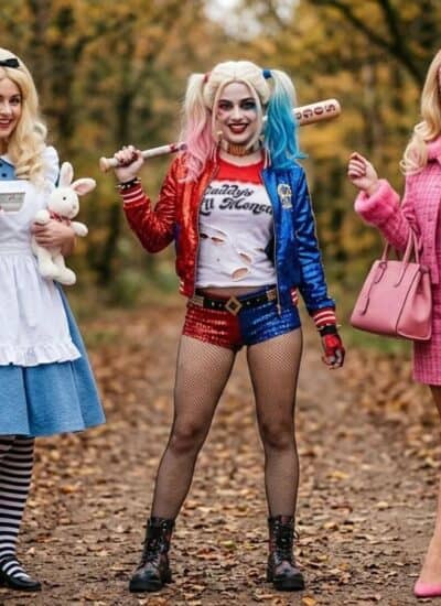 Three women in costumes stand on a forest path; one as Alice in Wonderland, one as Harley Quinn, and one as Elle Woods.