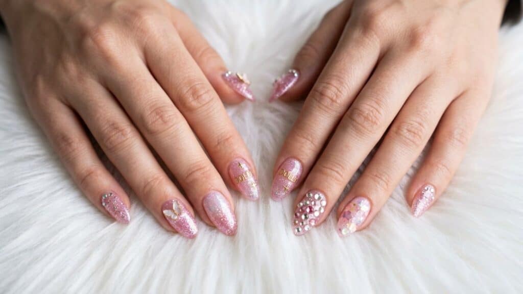 Two hands with long, almond-shaped nails featuring pink glitter polish and various decorative rhinestones and designs, resting on a white, fluffy surface.