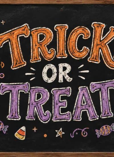 Chalkboard art with “Trick or Treat” text, surrounded by drawings of a ghost, pumpkins, bats, stars, candy, and a crescent moon—perfect inspiration for your Halloween chalkboard ideas.