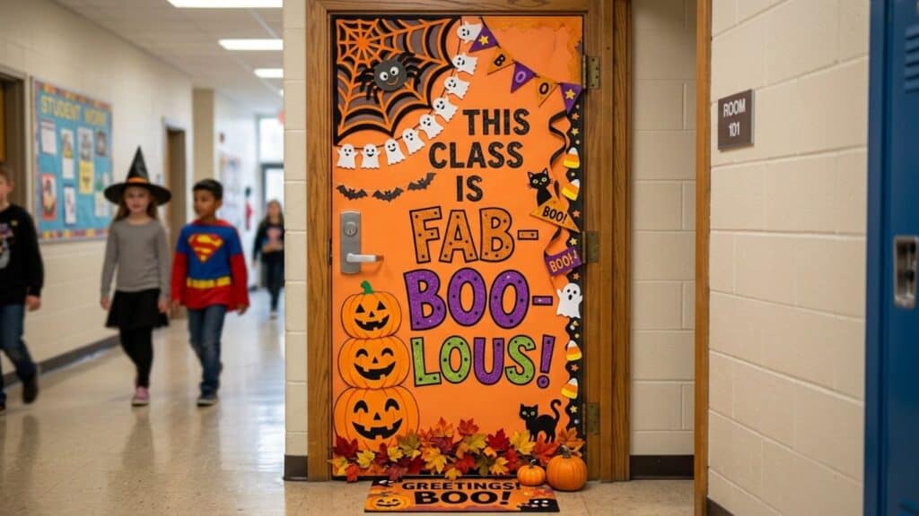 A classroom door decorated for Halloween with pumpkins, bats, spiders, and the words “This class is fab-boo-lous!” as children walk by in costumes.