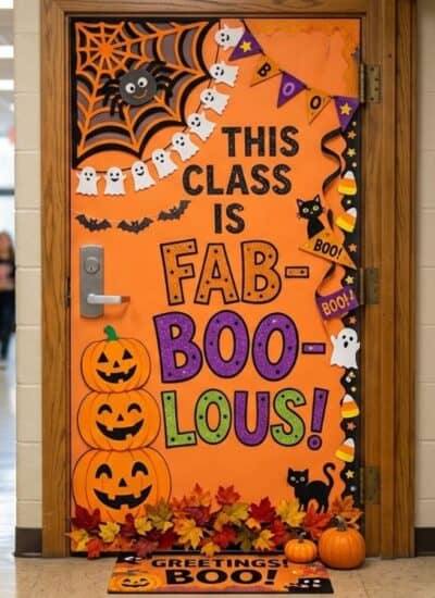 A classroom door decorated for Halloween with pumpkins, bats, spiders, and the words “This class is fab-boo-lous!” as children walk by in costumes.