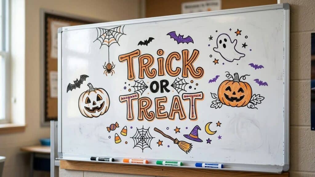 A whiteboard with “Trick or Treat” written in orange and black, decorated with Halloween drawings like pumpkins, spiders, bats, a ghost, and stars. Four markers are on the tray below.