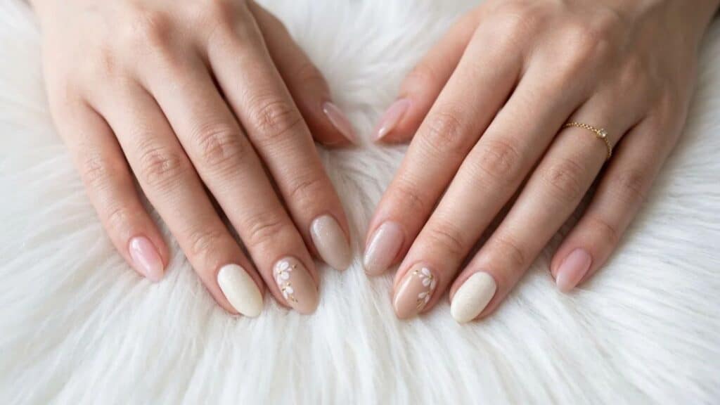 Two hands with manicured nails in neutral and pale pink shades, some featuring small white floral designs, resting on a white fluffy surface.