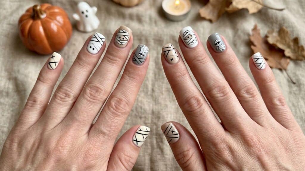 Two hands with Halloween-themed nail art, including mummy, ghost, and skeleton designs, are shown. Mini pumpkin, candle, leaves, and a small ghost figure are in the background on a beige cloth.