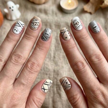 Two hands with Halloween-themed nail art, including mummy, ghost, and skeleton designs, are shown. Mini pumpkin, candle, leaves, and a small ghost figure are in the background on a beige cloth.