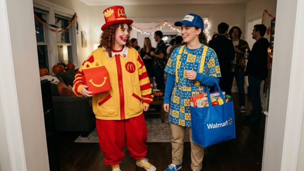 Two people in costumes stand in a living room; one dressed as a fast food mascot, the other as a retail worker. Halloween decorations and groups of people are in the background.