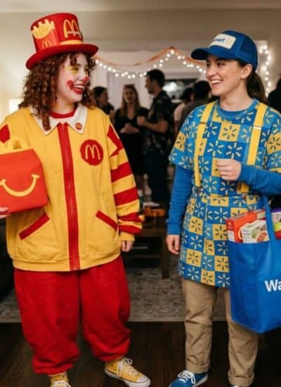 Two people in costumes stand in a living room; one dressed as a fast food mascot, the other as a retail worker. Halloween decorations and groups of people are in the background.