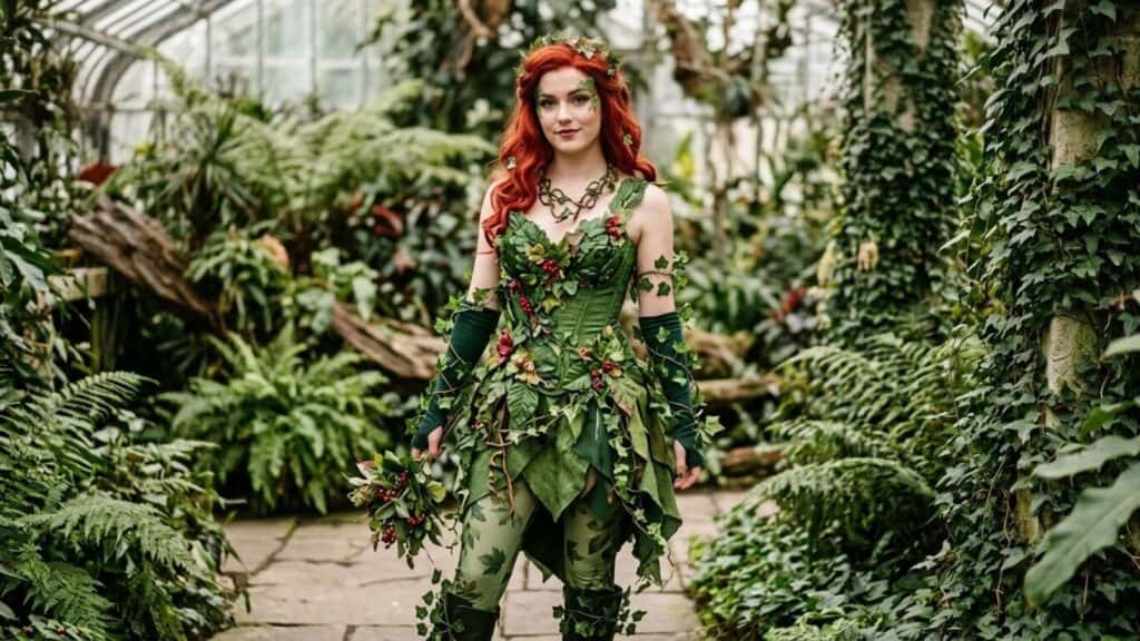Woman in a green, leaf-themed costume with red hair stands in a lush greenhouse surrounded by plants and vines.