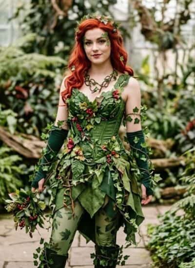 Woman in a green, leaf-themed costume with red hair stands in a lush greenhouse surrounded by plants and vines.
