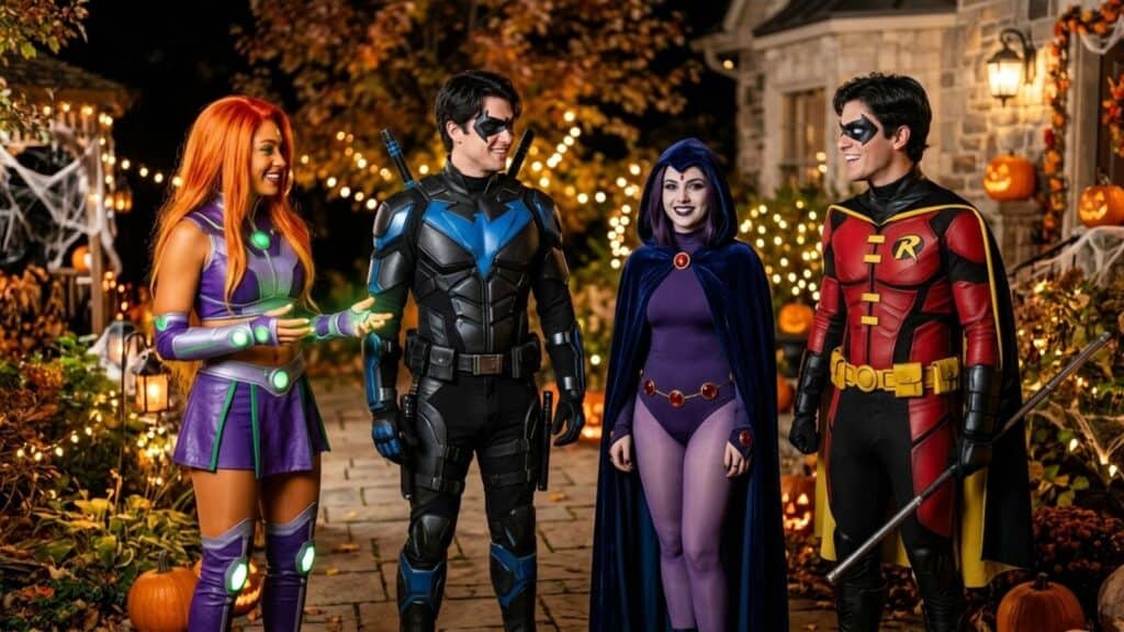 Four people in superhero costumes stand outside on a decorated path with pumpkins, string lights, and autumn leaves, smiling and talking at night.