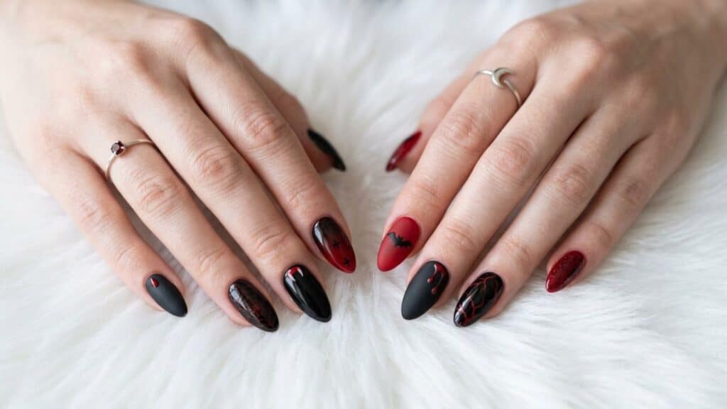 Hands with long, almond-shaped nails painted in black and red designs rest on a white, fluffy surface. The person wears two simple silver rings.