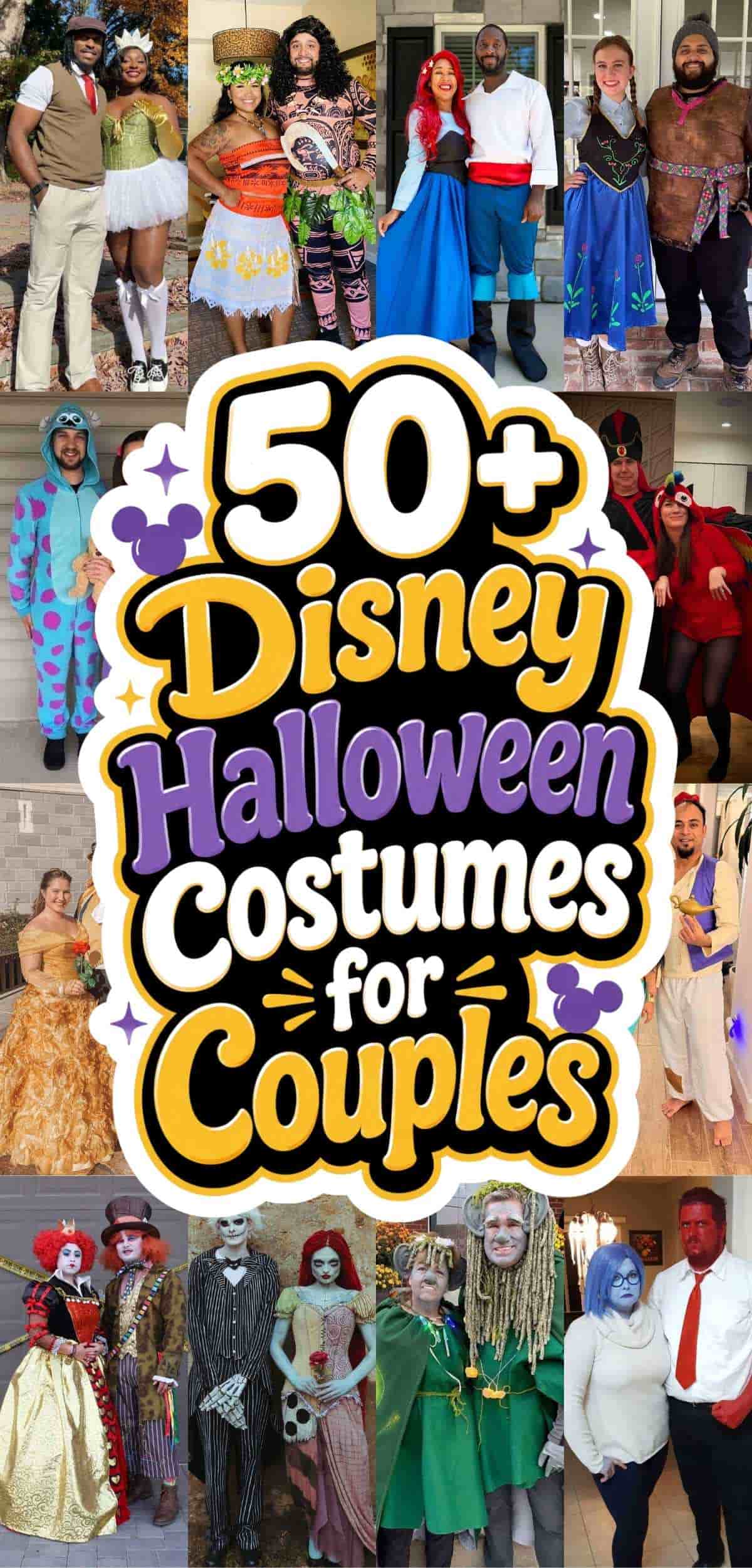 Collage of couples dressed in various Disney-themed Halloween costumes, with a central text reading “50+ Disney Halloween Costumes for Couples.”.