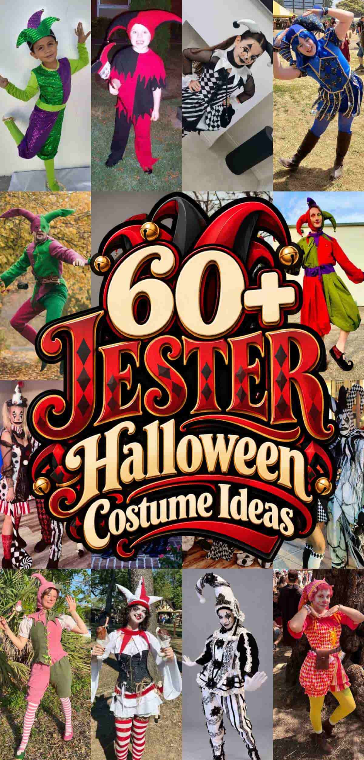 Collage of people in various colorful jester costumes surrounds bold text reading “60+ Jester Halloween Costume Ideas” in the center.