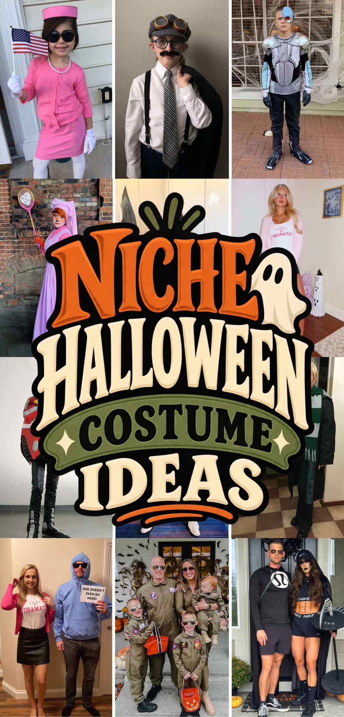 Collage of people in creative Halloween costumes around a central sign that reads “Niche Halloween Costume Ideas” with a ghost and pumpkin illustration.