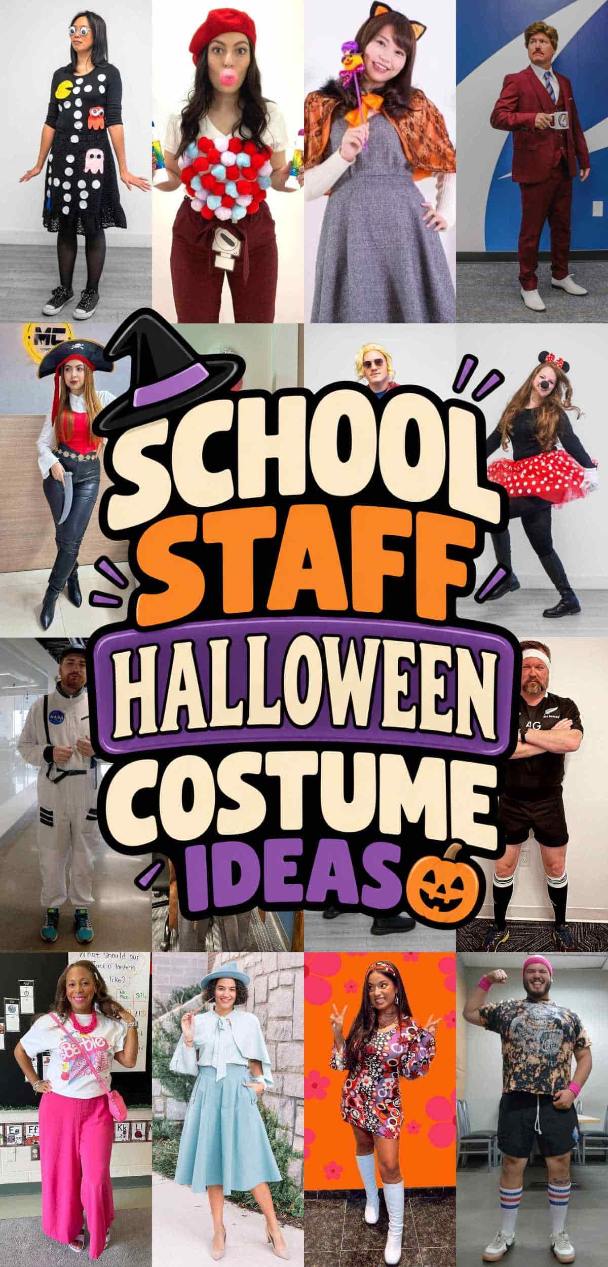 A collage of adults in various Halloween costumes surrounds a central sign that reads: “School Staff Halloween Costume Ideas” with cartoon-style text and festive graphics.