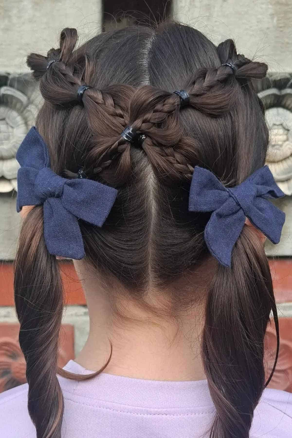Back of a person’s head showing brown hair styled in two pigtails with braids on top, accented by two navy blue bows.