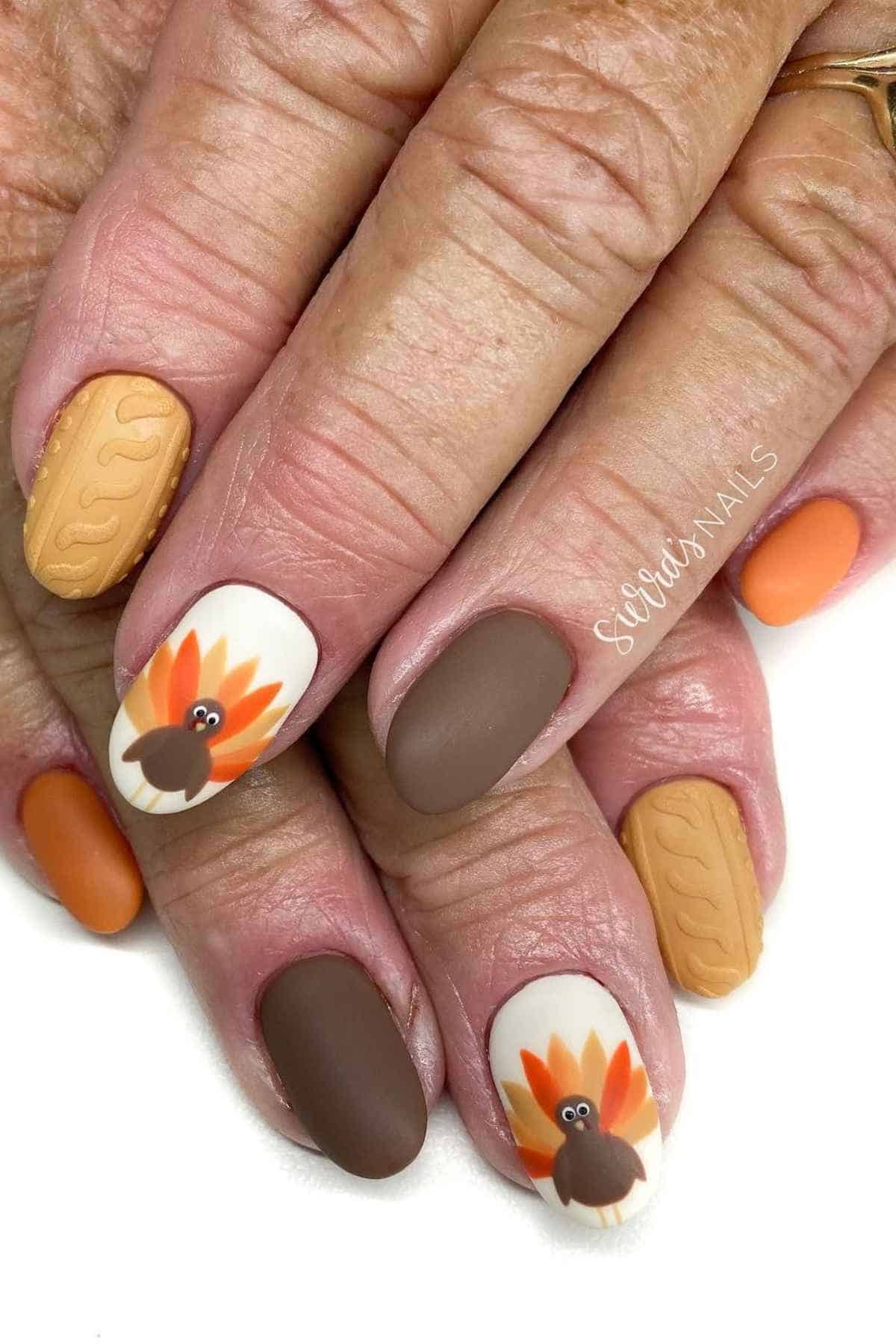 Manicured nails featuring alternating matte brown, solid orange, textured mustard yellow cable-knit designs, and painted turkey illustrations.