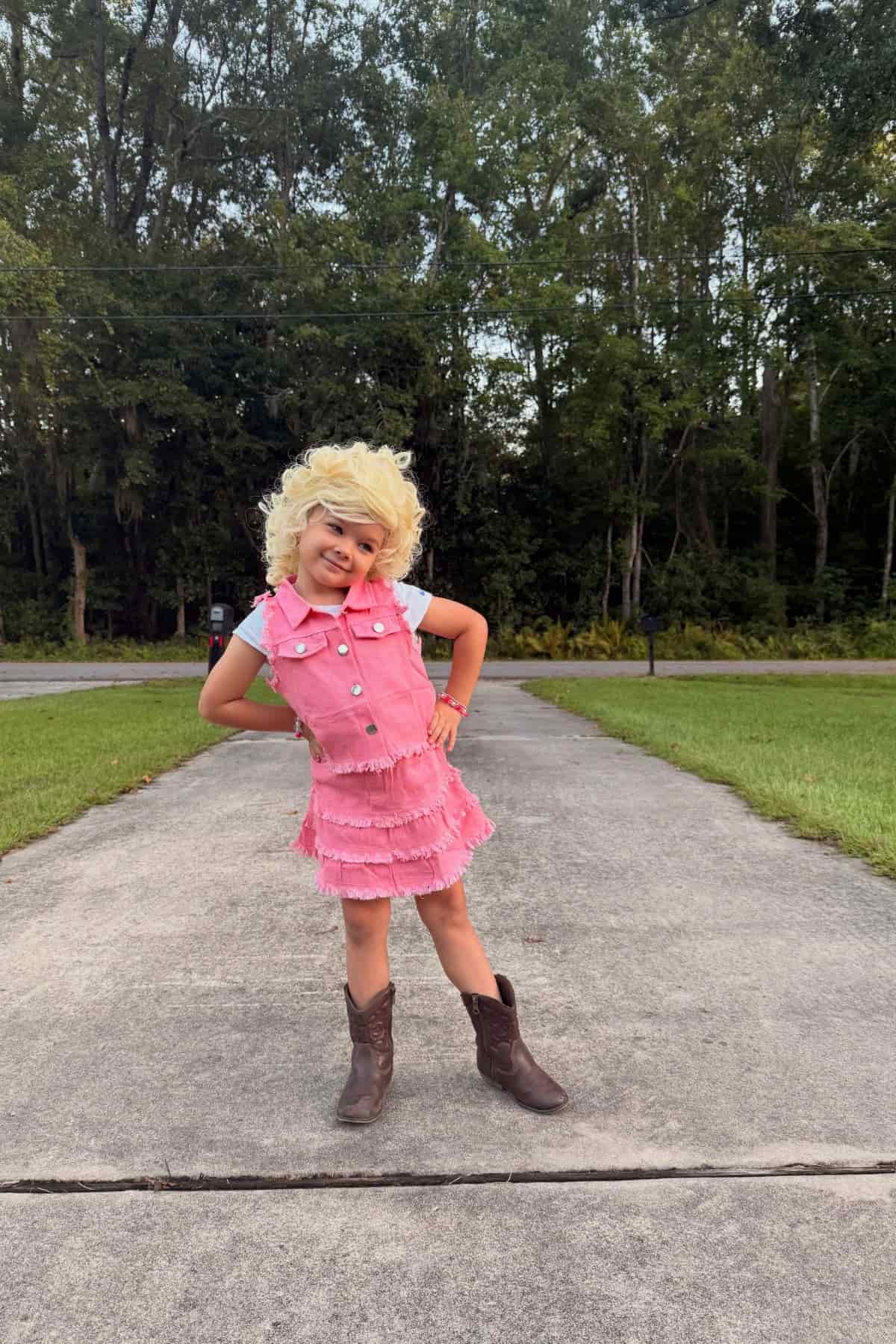 A young child in a pink dress, white shirt, curly blonde wig, and brown boots poses playfully on a concrete path with grass and trees in the background.
