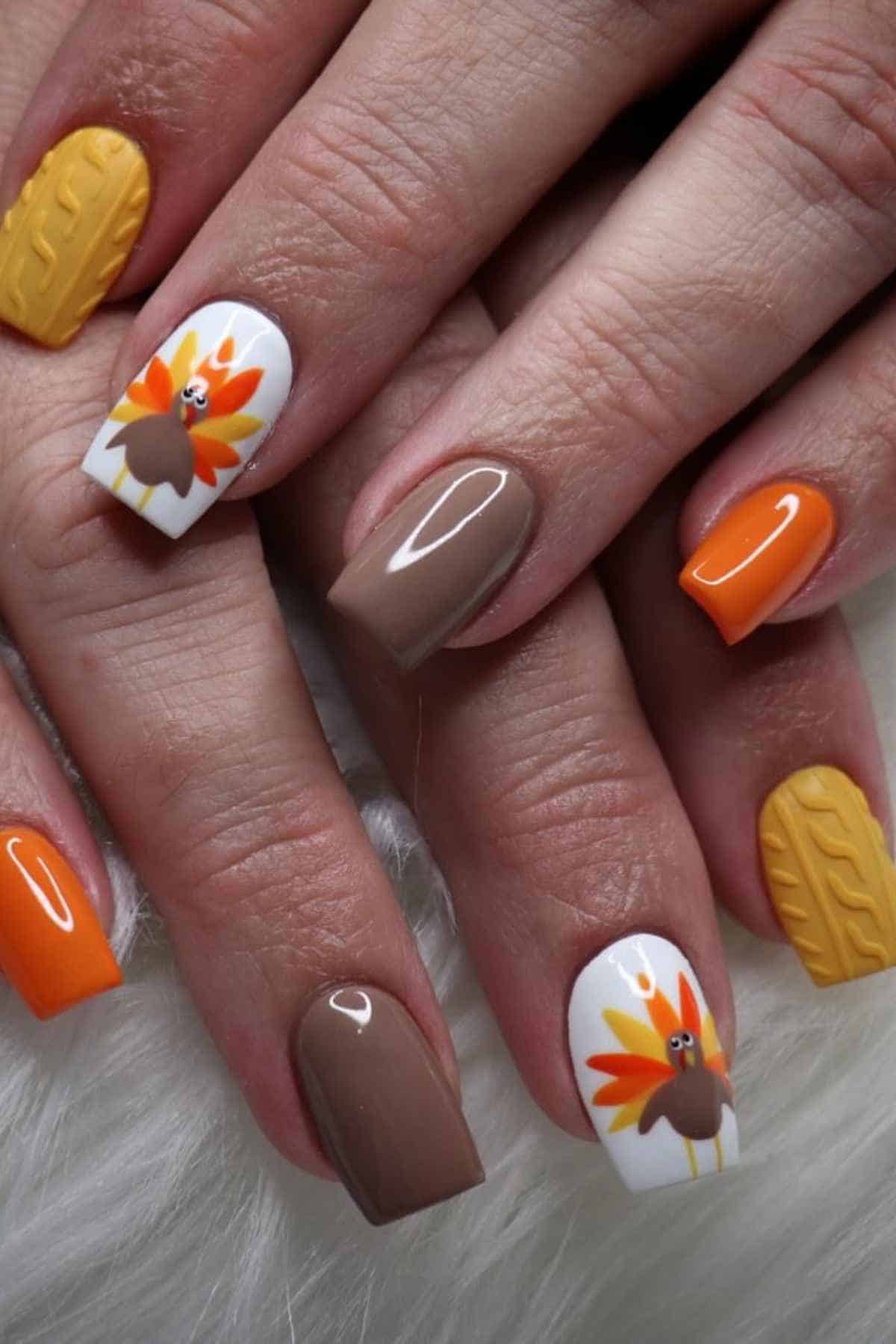 Manicured fingernails painted with Thanksgiving-themed designs including a turkey on a white base, textured yellow, solid orange, and brown polish.