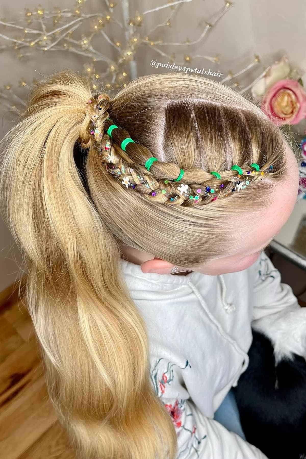 A blonde ponytail with a side braid featuring neon green elastic bands, colorful glitter, and small white flower accents.