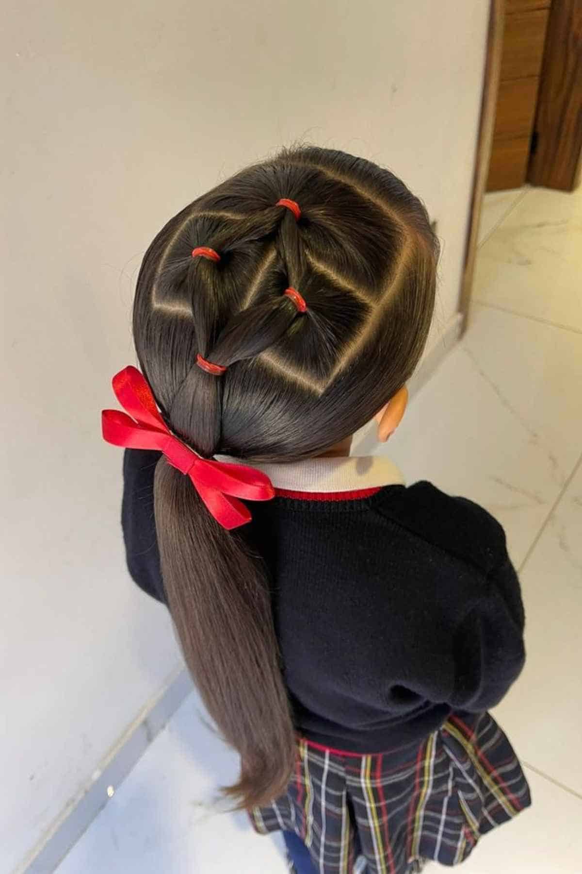 A child’s hair styled in a series of square sections secured with red elastics, pulled into a low ponytail with a red bow.