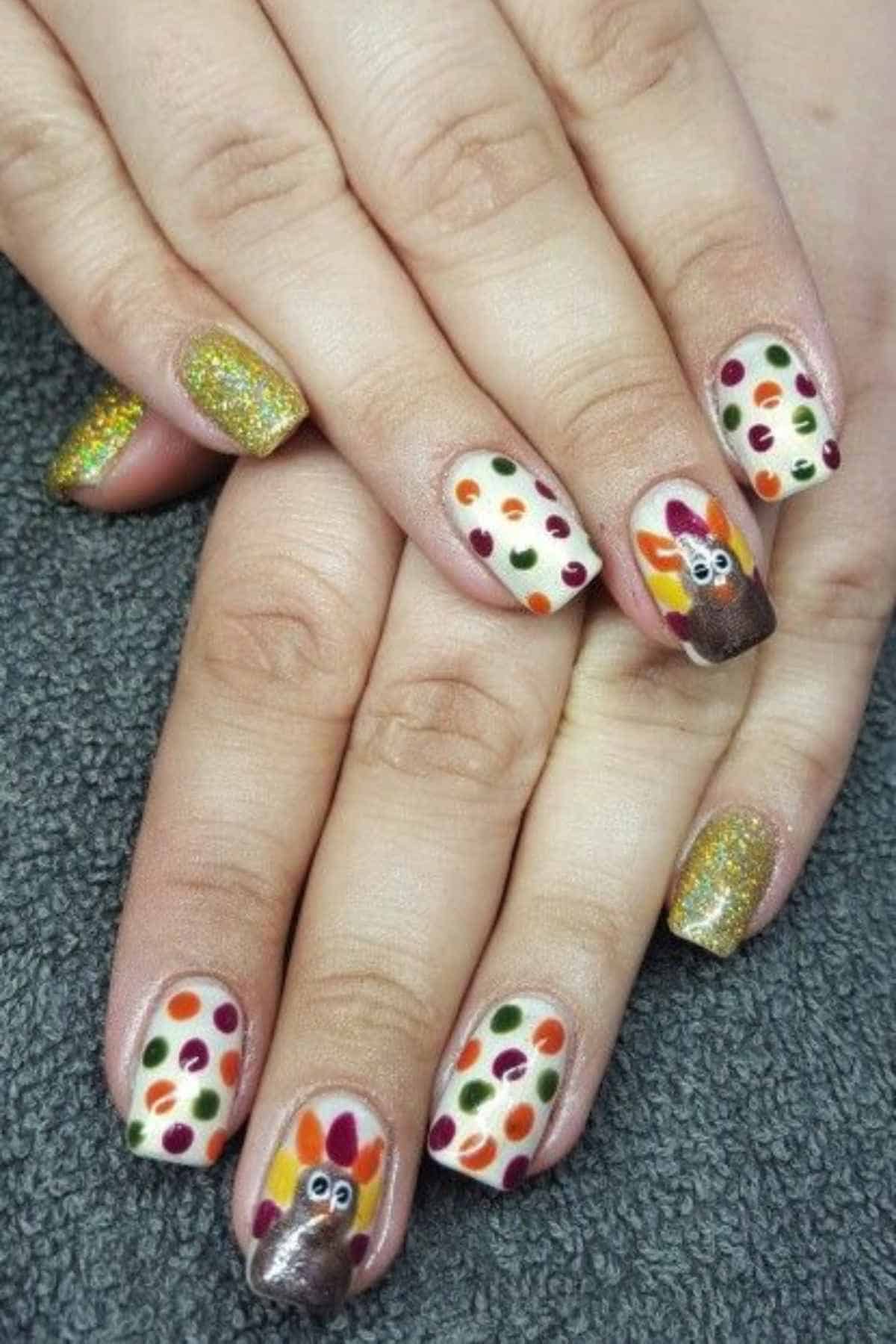 Manicure featuring glittery gold nails and cream nails with colorful polka dots and turkey accents.