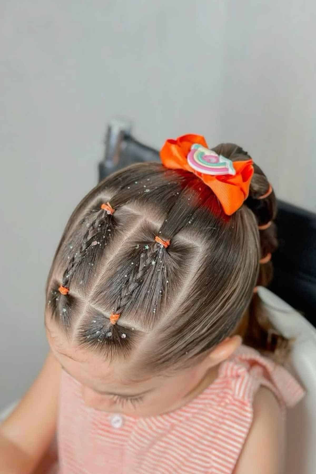 A child’s hair styled in a high ponytail with a segmented top section secured by orange elastics and finished with a rainbow hair bow.