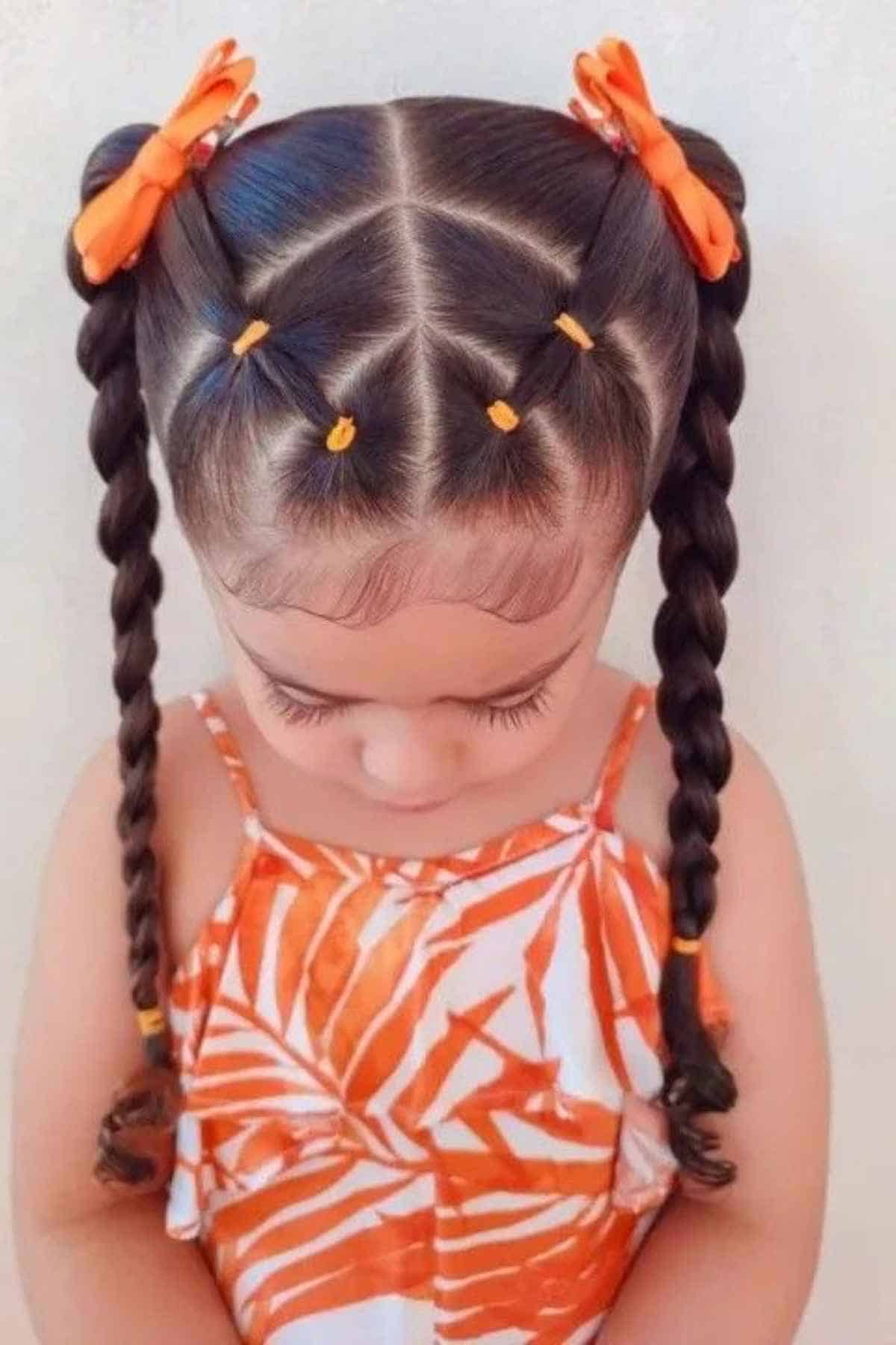 A young girl with a complex braided hairstyle featuring geometric sections secured with small orange elastics and finished with two high pigtail braids.