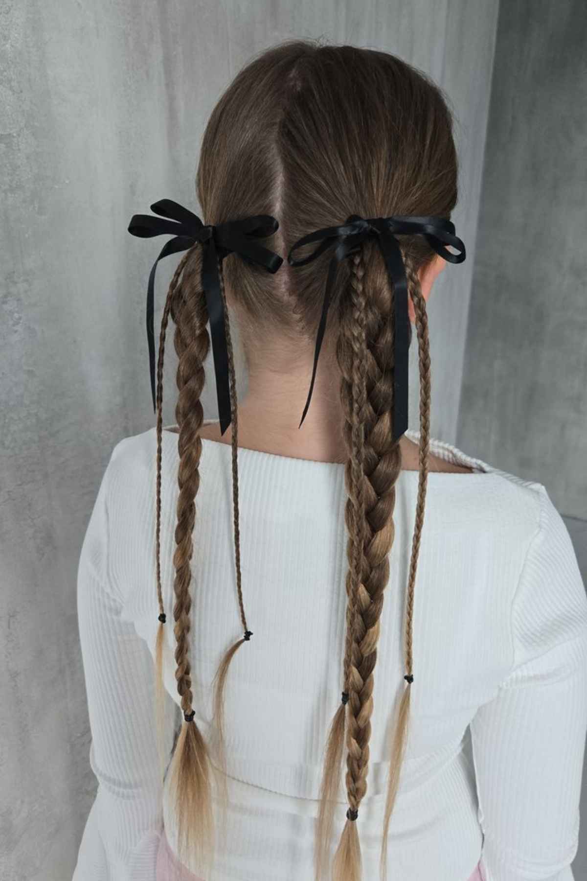Back view of hair styled in two braids, each tied with a black ribbon.
