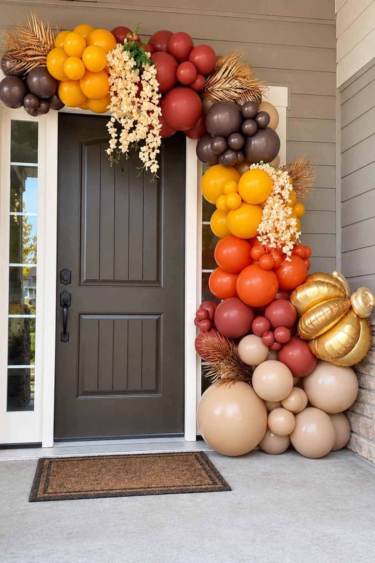 An autumn-themed balloon arch in shades of brown, orange, yellow, and beige framing a dark front door, accented with dried foliage and hanging white flowers.
