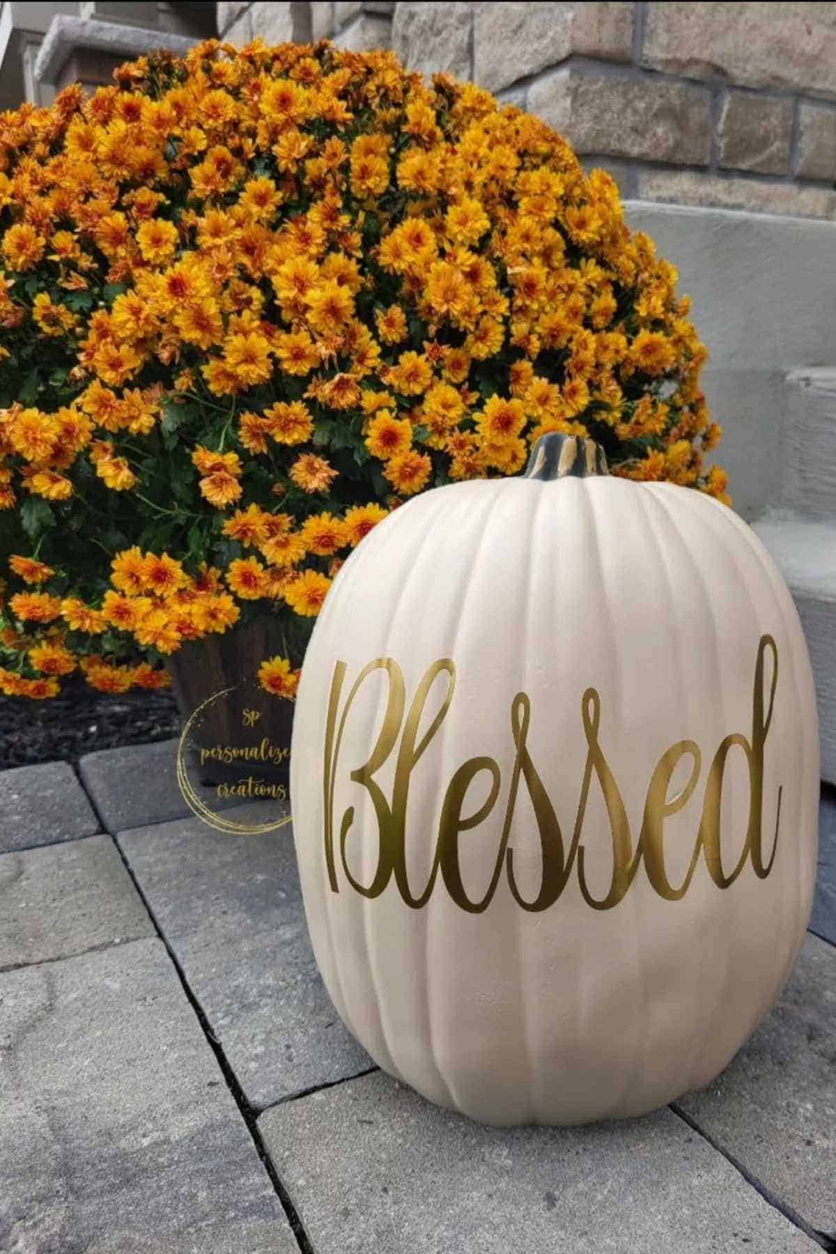 A cream-colored decorative pumpkin with the word “Blessed” in gold lettering, sitting on a patio next to a large pot of orange chrysanthemums.