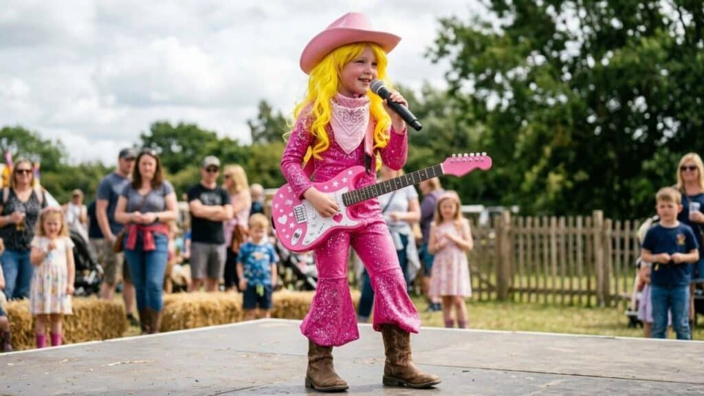 Child in a bright pink cowboy costume sings with a toy guitar and microphone on an outdoor stage, with an audience watching.