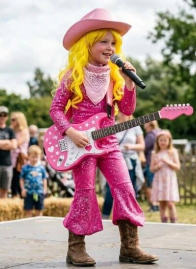 Child in a bright pink cowboy costume sings with a toy guitar and microphone on an outdoor stage, with an audience watching.