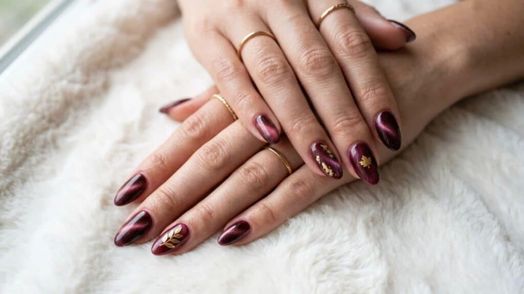 Hands with dark red, cat-eye style manicured nails accented with small gold leaf decals.