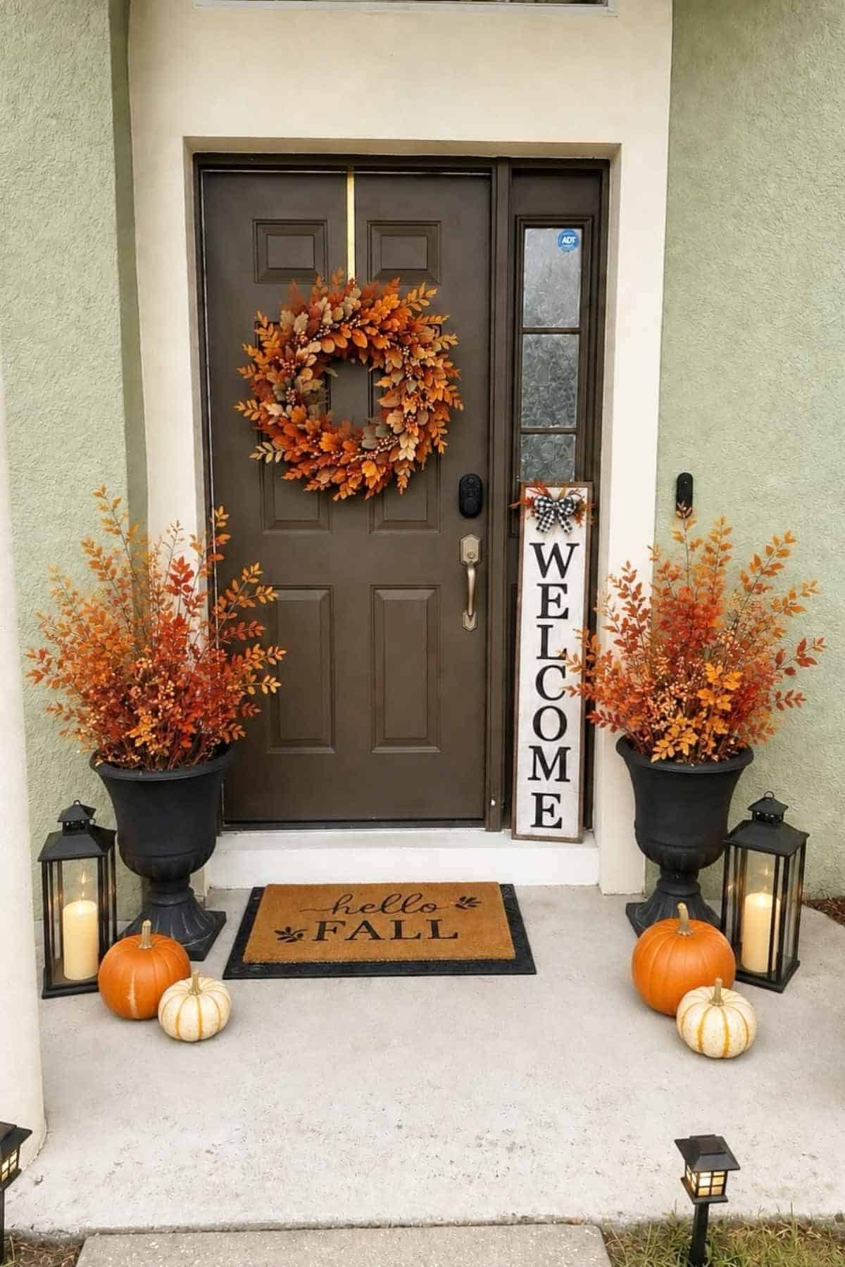 Front door decorated for autumn with a wreath, two large planters with fall foliage, a “WELCOME” sign, a “hello FALL” doormat, and several pumpkins.