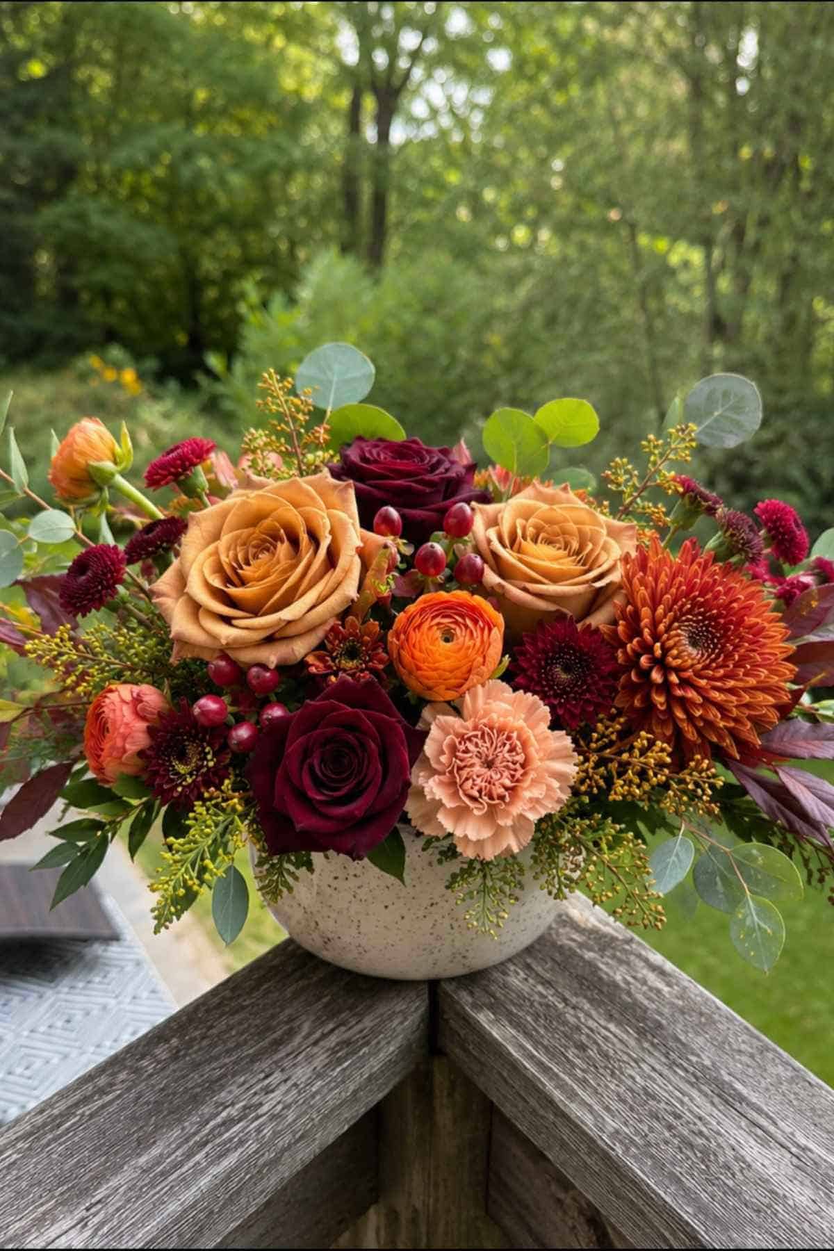 A floral arrangement featuring roses, dahlias, and carnations in shades of rust, orange, and deep red, displayed in a speckled ceramic bowl on a wooden railing.