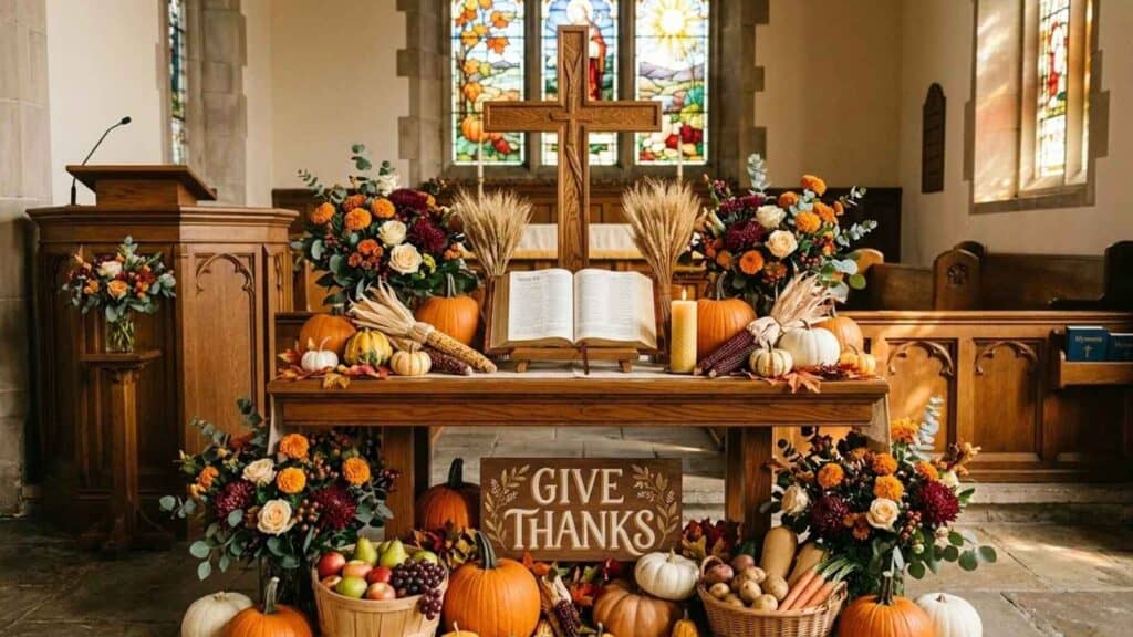 Church altar decorated for autumn with pumpkins, gourds, wheat stalks, floral arrangements, an open Bible, and a wooden sign that reads “GIVE THANKS.”