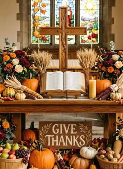 Church altar decorated for autumn with pumpkins, gourds, wheat stalks, floral arrangements, an open Bible, and a wooden sign that reads “GIVE THANKS.”
