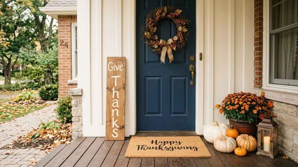 A front porch with Thanksgiving decor ideas, such as wreath, wooden sign, mat, pumpkins, and mums.